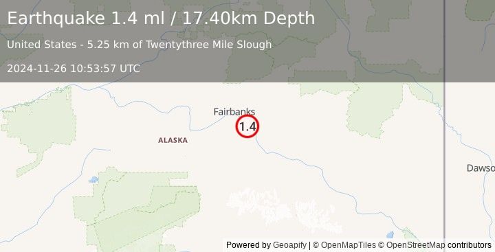 Earthquake 10 km SW of Moose Creek, Alaska (1.4 ml) (2024-11-26 10:53:57 UTC)