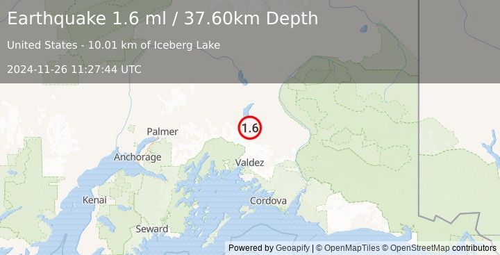 Earthquake 43 km SSE of Nelchina, Alaska (1.6 ml) (2024-11-26 11:27:44 UTC)