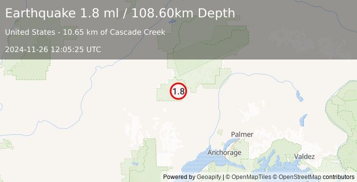 Earthquake 59 km W of Petersville, Alaska (1.8 ml) (2024-11-26 12:05:25 UTC)