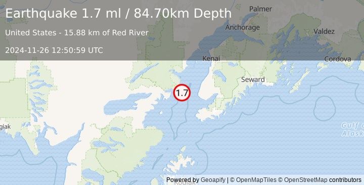 Earthquake 39 km W of Anchor Point, Alaska (1.7 ml) (2024-11-26 12:50:59 UTC)