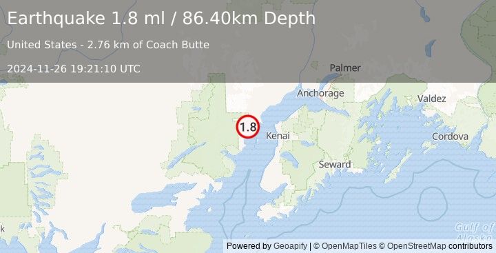 Earthquake 49 km W of Salamatof, Alaska (1.8 ml) (2024-11-26 19:21:10 UTC)