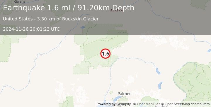 Earthquake 58 km NNE of Petersville, Alaska (1.6 ml) (2024-11-26 20:01:23 UTC)