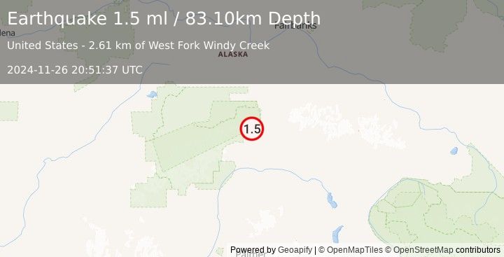 Earthquake 7 km WNW of Cantwell, Alaska (1.5 ml) (2024-11-26 20:51:37 UTC)