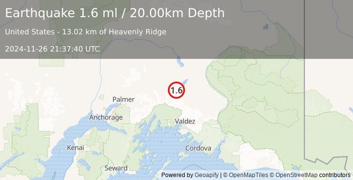 Earthquake 22 km S of Nelchina, Alaska (1.6 ml) (2024-11-26 21:37:40 UTC)