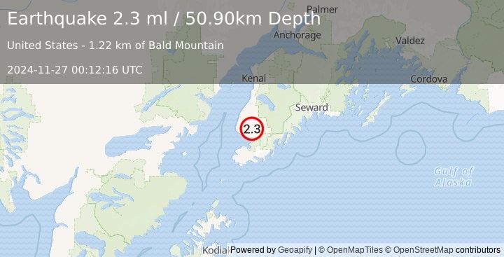 Earthquake 3 km NNW of Fritz Creek, Alaska (2.3 ml) (2024-11-27 00:12:16 UTC)