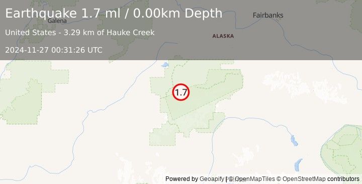 Earthquake 22 km SSE of Denali National Park, Alaska (1.7 ml) (2024-11-27 00:31:26 UTC)