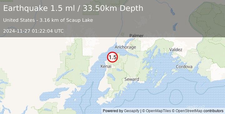 Earthquake 8 km SW of Point Possession, Alaska (1.5 ml) (2024-11-27 01:22:04 UTC)