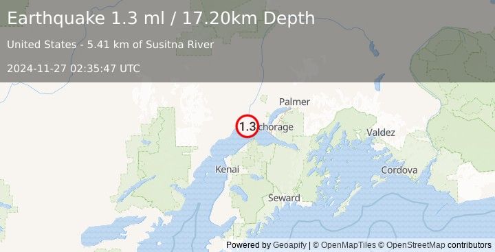 Earthquake 27 km ENE of Beluga, Alaska (1.3 ml) (2024-11-27 02:35:47 UTC)