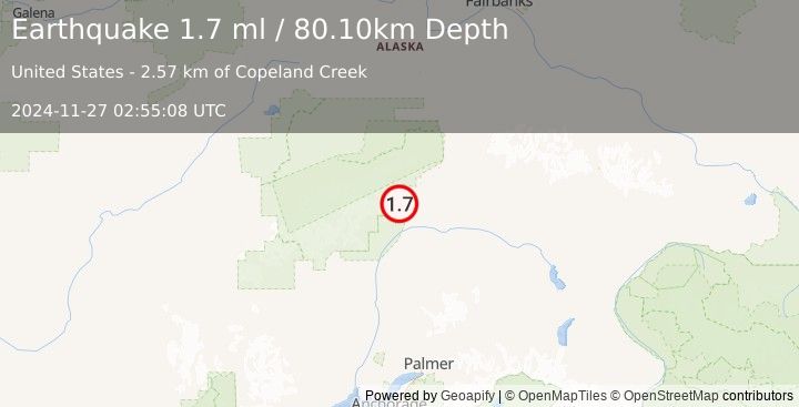 Earthquake 51 km SW of Cantwell, Alaska (1.7 ml) (2024-11-27 02:55:08 UTC)