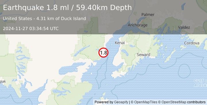 Earthquake 48 km WNW of Ninilchik, Alaska (1.8 ml) (2024-11-27 03:34:54 UTC)