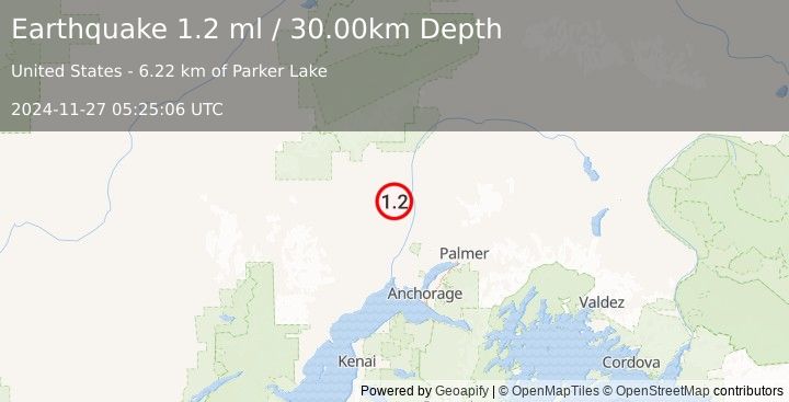 Earthquake 28 km SSW of Trapper Creek, Alaska (1.2 ml) (2024-11-27 05:25:06 UTC)