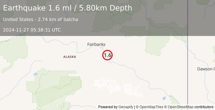 Earthquake 2 km S of Salcha, Alaska (1.6 ml) (2024-11-27 05:38:31 UTC)