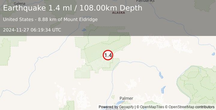 Earthquake 65 km NNE of Petersville, Alaska (1.4 ml) (2024-11-27 06:19:34 UTC)