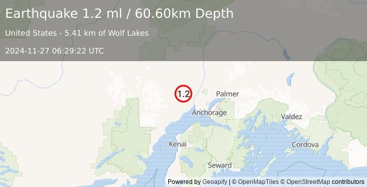 Earthquake 27 km WNW of Susitna, Alaska (1.2 ml) (2024-11-27 06:29:22 UTC)