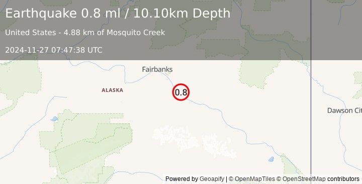 Earthquake 5 km NW of Harding-Birch Lakes, Alaska (0.8 ml) (2024-11-27 07:47:38 UTC)