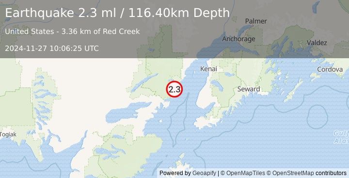 Earthquake 62 km WNW of Happy Valley, Alaska (2.3 ml) (2024-11-27 10:06:25 UTC)