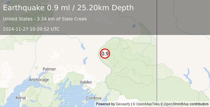 Earthquake 26 km SE of Gakona, Alaska (0.9 ml) (2024-11-27 10:20:52 UTC)