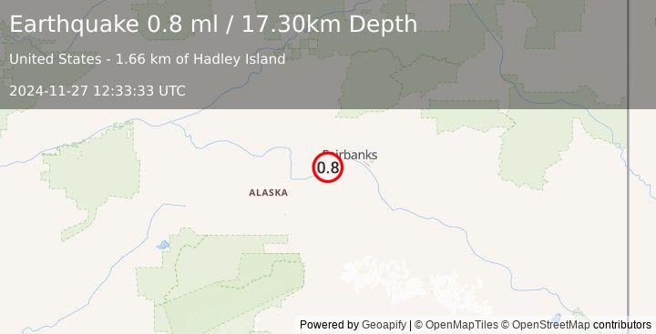 Earthquake 18 km SW of Ester, Alaska (0.8 ml) (2024-11-27 12:33:33 UTC)