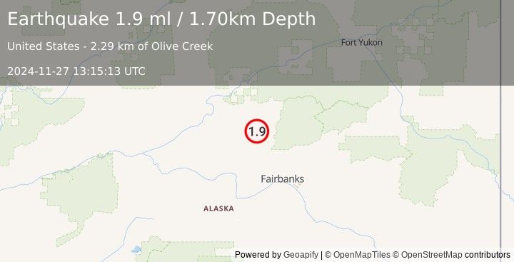 Earthquake 8 km SSE of Livengood, Alaska (1.9 ml) (2024-11-27 13:15:13 UTC)