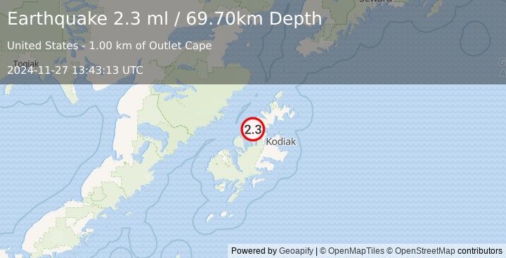 Earthquake 22 km WSW of Aleneva, Alaska (2.3 ml) (2024-11-27 13:43:13 UTC)