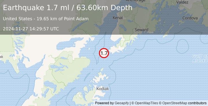 Earthquake 27 km SW of Nanwalek, Alaska (1.7 ml) (2024-11-27 14:29:57 UTC)