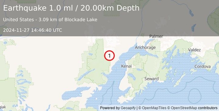 Earthquake 70 km WNW of Nikiski, Alaska (1.0 ml) (2024-11-27 14:46:40 UTC)