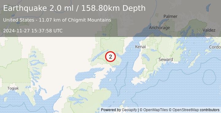 Earthquake 50 km E of Port Alsworth, Alaska (2.0 ml) (2024-11-27 15:37:58 UTC)