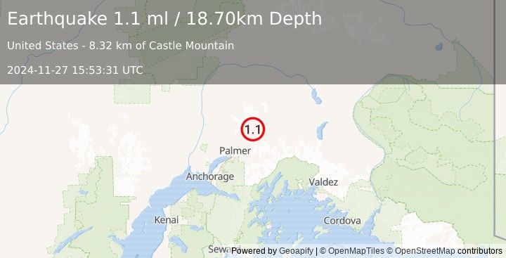 Earthquake 14 km NNW of Chickaloon, Alaska (1.1 ml) (2024-11-27 15:53:31 UTC)