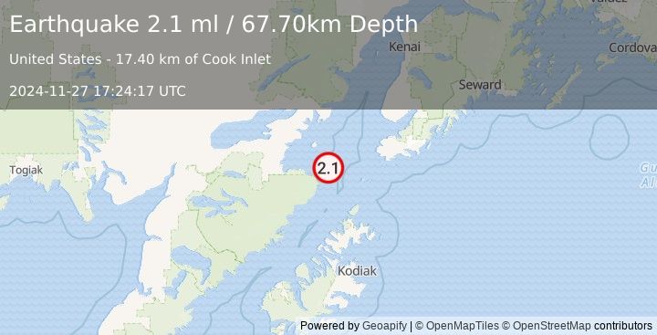 Earthquake 73 km WSW of Nanwalek, Alaska (2.1 ml) (2024-11-27 17:24:17 UTC)