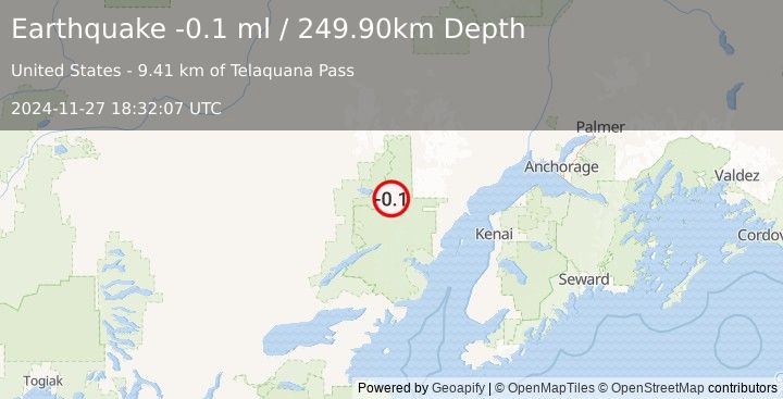 Earthquake 93 km NE of Port Alsworth, Alaska (-0.1 ml) (2024-11-27 18:32:07 UTC)