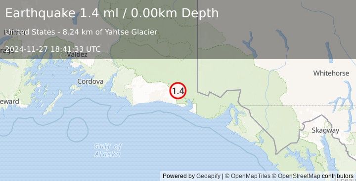 Earthquake 134 km SSE of McCarthy, Alaska (1.4 ml) (2024-11-27 18:41:33 UTC)