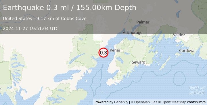 Earthquake 45 km W of Kalifornsky, Alaska (0.3 ml) (2024-11-27 19:51:04 UTC)