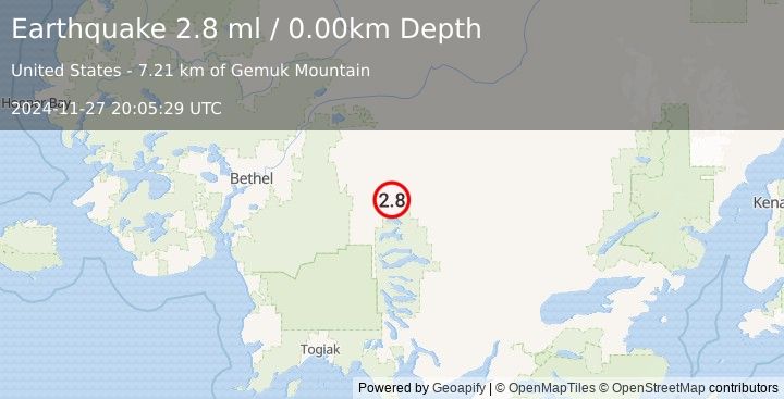 Earthquake 111 km S of Chuathbaluk, Alaska (2.8 ml) (2024-11-27 20:05:29 UTC)