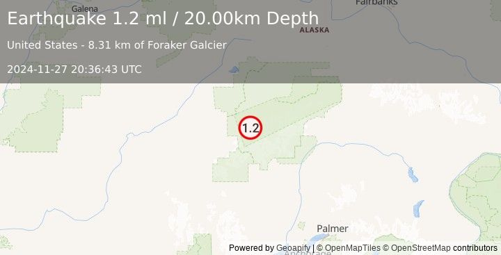 Earthquake 51 km S of Denali National Park, Alaska (1.2 ml) (2024-11-27 20:36:43 UTC)