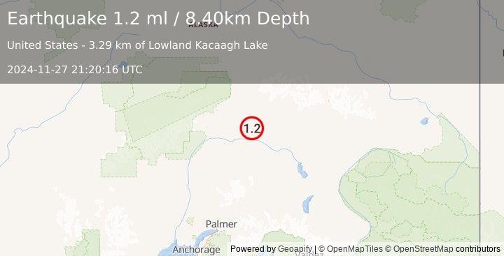 Earthquake 59 km SE of Cantwell, Alaska (1.2 ml) (2024-11-27 21:20:16 UTC)