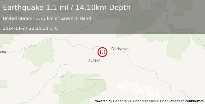 Earthquake 14 km NNE of Four Mile Road, Alaska (1.1 ml) (2024-11-27 22:25:13 UTC)