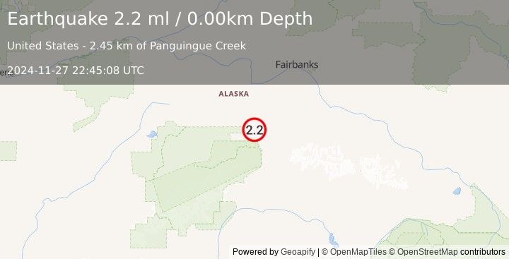 Earthquake 7 km SSE of Ferry, Alaska (2.2 ml) (2024-11-27 22:45:08 UTC)