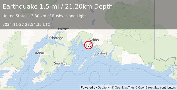 Earthquake 11 km WNW of Tatitlek, Alaska (1.5 ml) (2024-11-27 23:54:35 UTC)