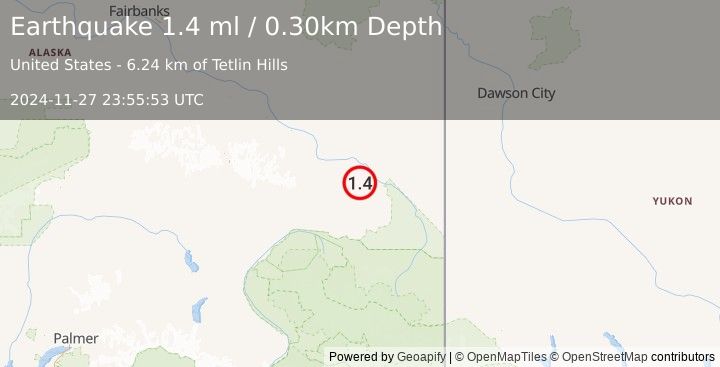 Earthquake 17 km WNW of Tetlin, Alaska (1.4 ml) (2024-11-27 23:55:53 UTC)