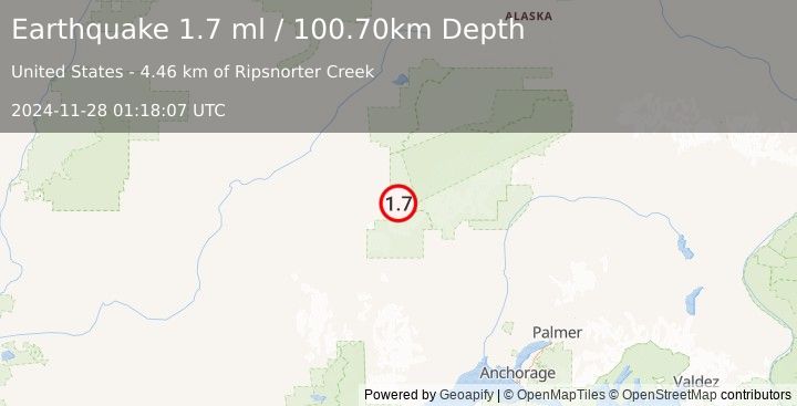 Earthquake 83 km WNW of Petersville, Alaska (1.7 ml) (2024-11-28 01:18:07 UTC)