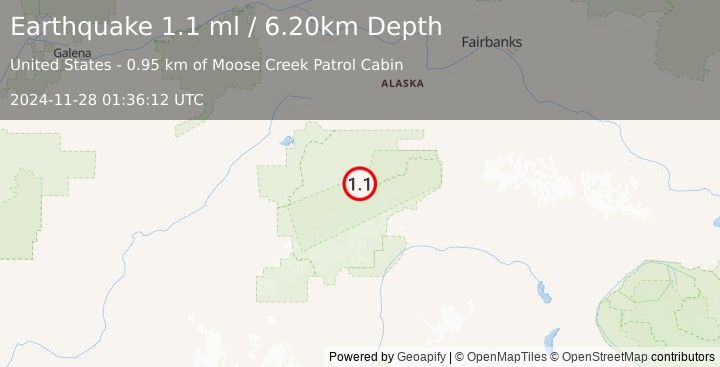 Earthquake 55 km E of Denali National Park, Alaska (1.1 ml) (2024-11-28 01:36:12 UTC)