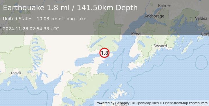 Earthquake 25 km E of Pedro Bay, Alaska (1.8 ml) (2024-11-28 02:54:38 UTC)