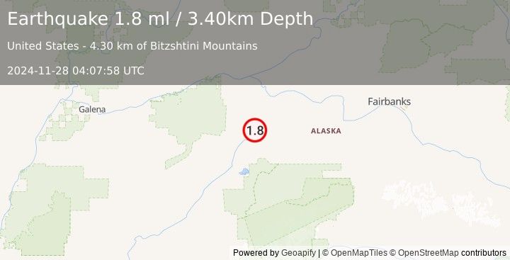 Earthquake 67 km NNE of Lake Minchumina, Alaska (1.8 ml) (2024-11-28 04:07:58 UTC)