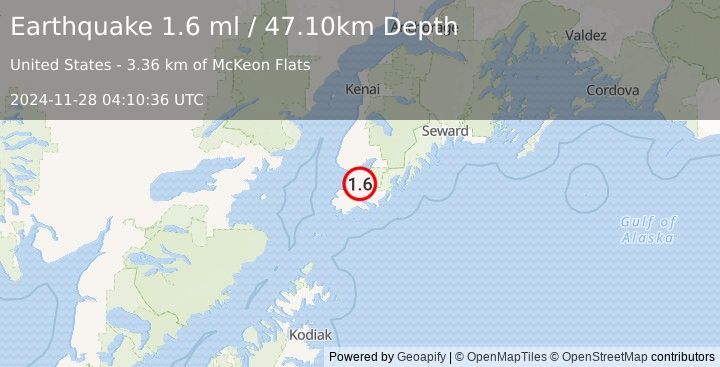 Earthquake 10 km SSW of Halibut Cove, Alaska (1.6 ml) (2024-11-28 04:10:36 UTC)