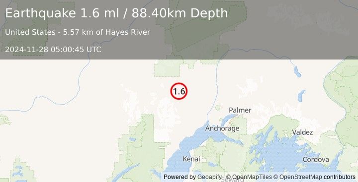 Earthquake 21 km W of Skwentna, Alaska (1.6 ml) (2024-11-28 05:00:45 UTC)