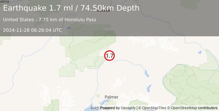 Earthquake 46 km SSW of Cantwell, Alaska (1.7 ml) (2024-11-28 06:26:04 UTC)