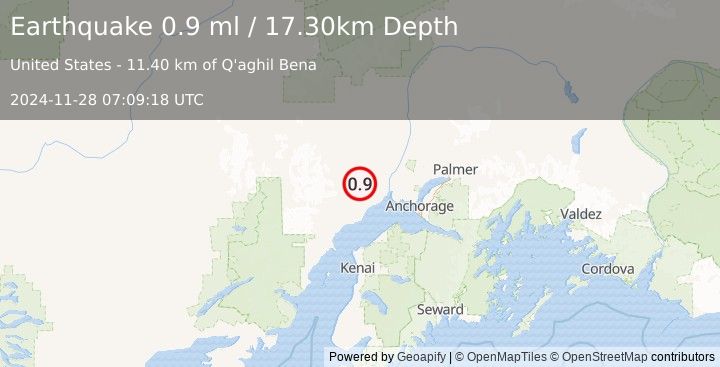 Earthquake 34 km N of Beluga, Alaska (0.9 ml) (2024-11-28 07:09:18 UTC)