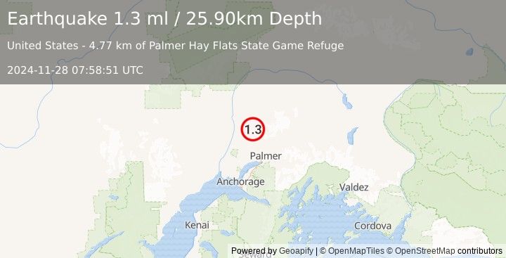 Earthquake 25 km SE of Susitna North, Alaska (1.3 ml) (2024-11-28 07:58:51 UTC)