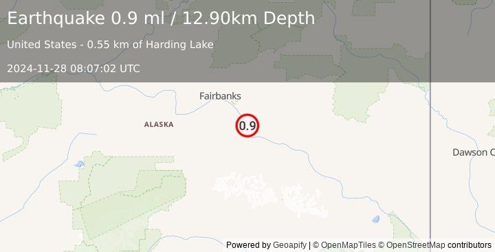 Earthquake 11 km SSE of Salcha, Alaska (0.9 ml) (2024-11-28 08:07:02 UTC)