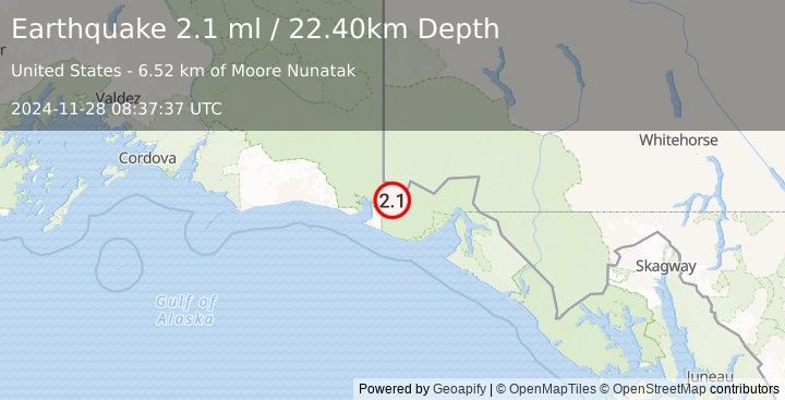 Earthquake 88 km NW of Yakutat, Alaska (2.1 ml) (2024-11-28 08:37:37 UTC)